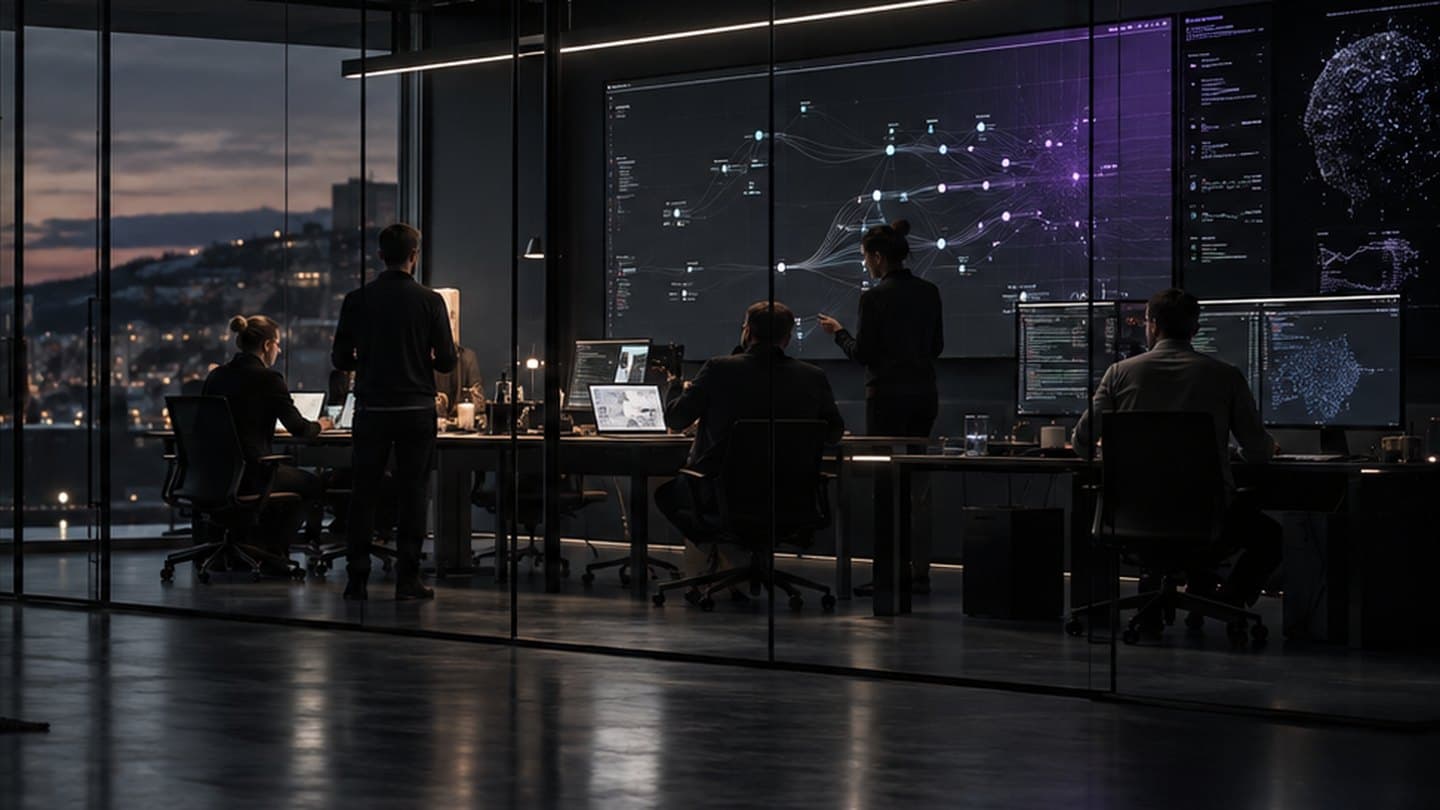 Custom software development services: an Intelvision delivery team at work in the evening
